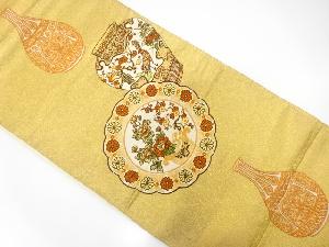 アンティーク　絵皿に壺・花鳥模様織り出し袋帯（材料）